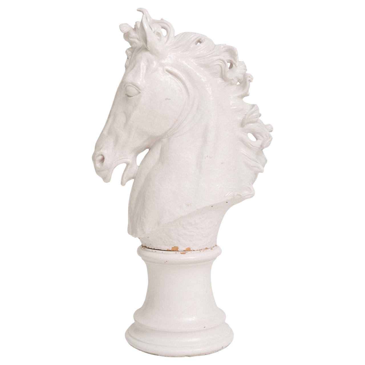 Italian Glazed Terra Cotta Horse Head on Plinth For Sale