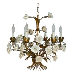 Italian Tole and Ceramic Rose Six Arm Chandelier