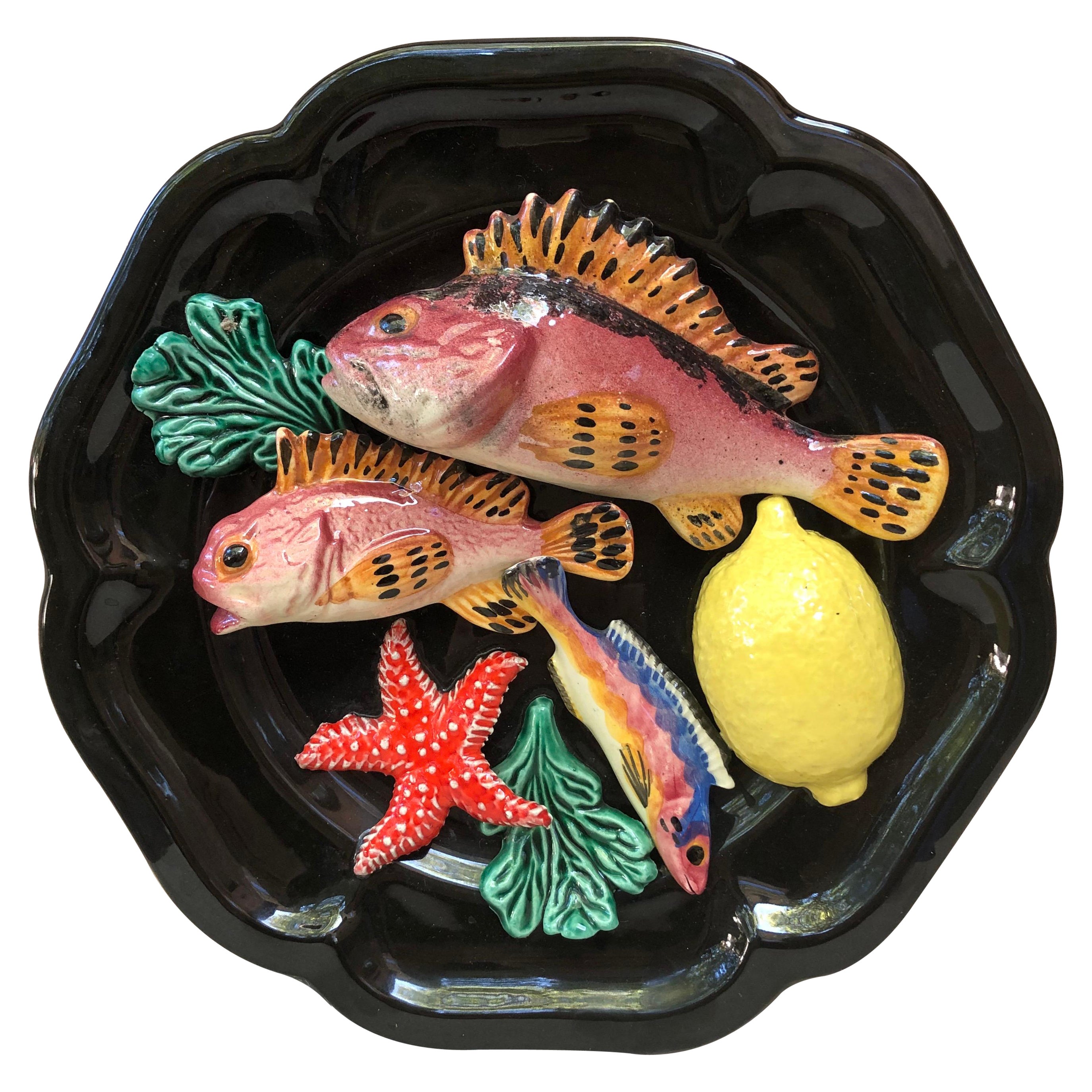 Majolica Fish Sealife Platter Vallauris, circa 1950 For Sale