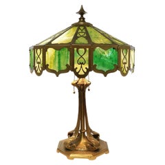 Art Nouveau Stained Glass Table Lamp, Brass, Emerald, Yellow