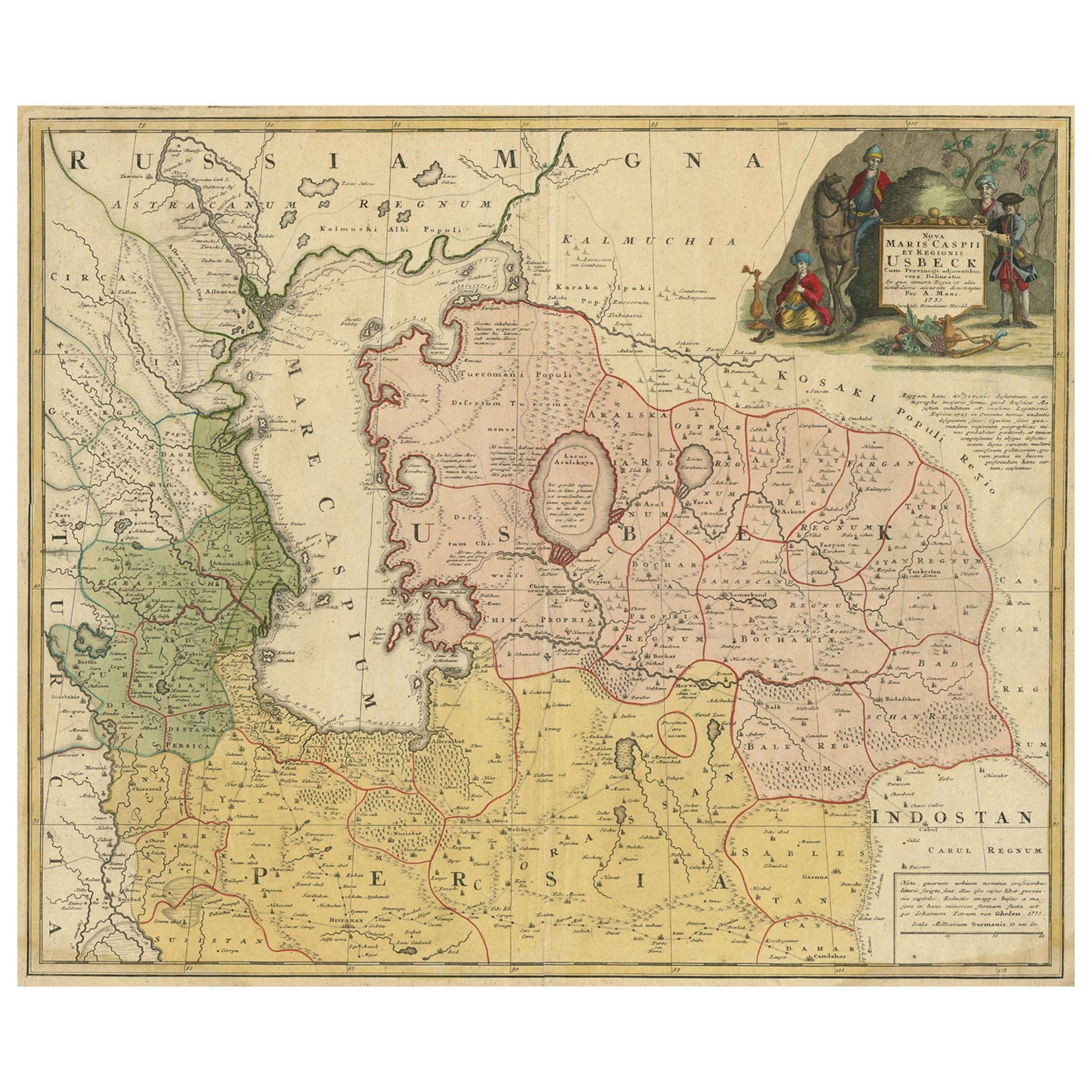 Antike Karte des Kaspischen Meeres, Usbekistan, Nordpersisches persisches Gebiet, um 1735