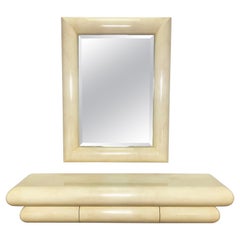 Karl Springer Style Wall Mounted Console and Mirror in Faux Goatskin circa 1980s