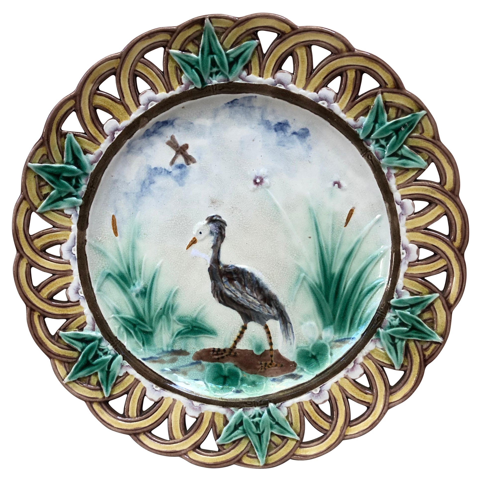 19th Century Majolica Heron Reticulated Plate Wedgwood