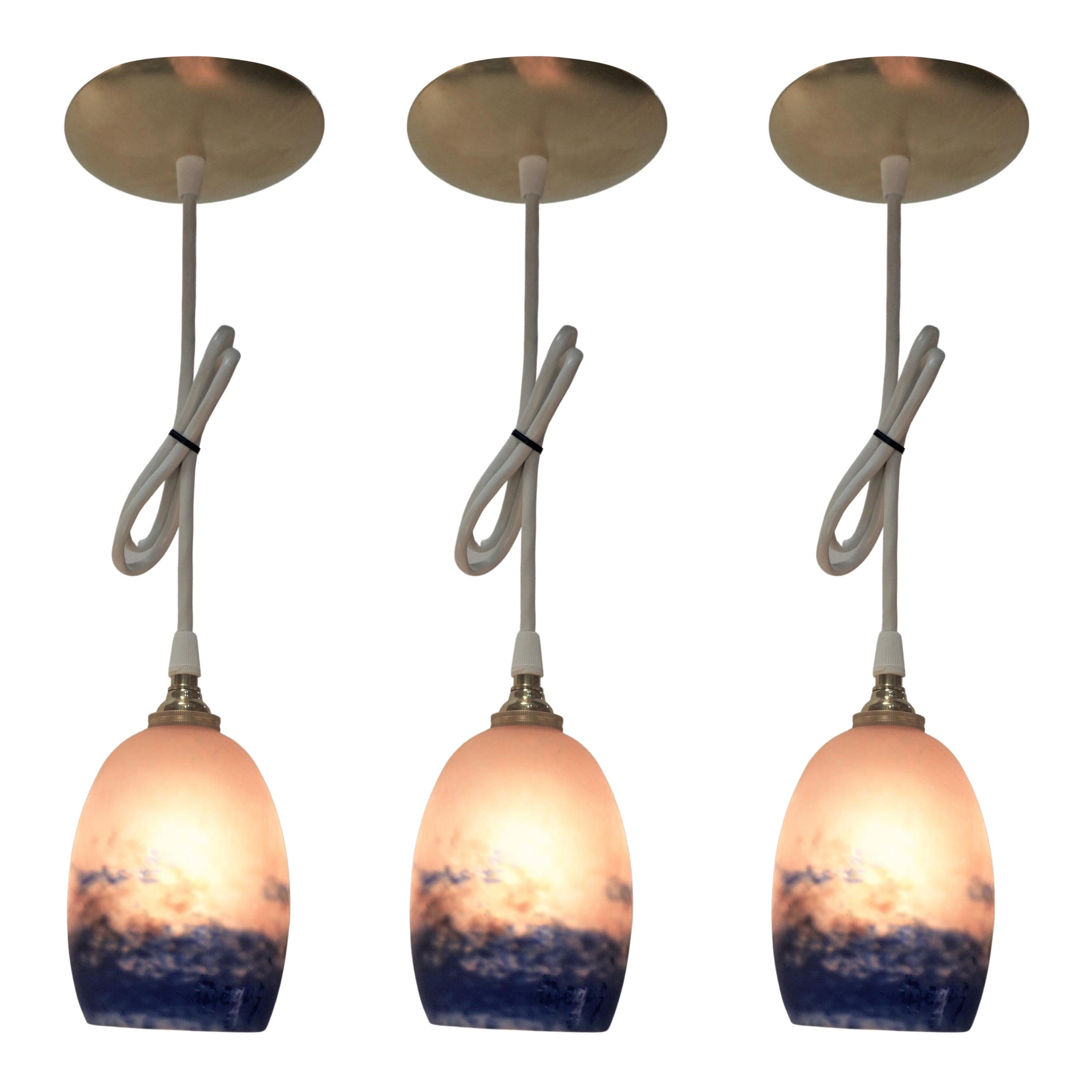 Set of Three French Art Glass Shade Pendant Light by Degue