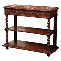 19th Century French Henri II Carved Oak Desserte Console with Red Marble Top
