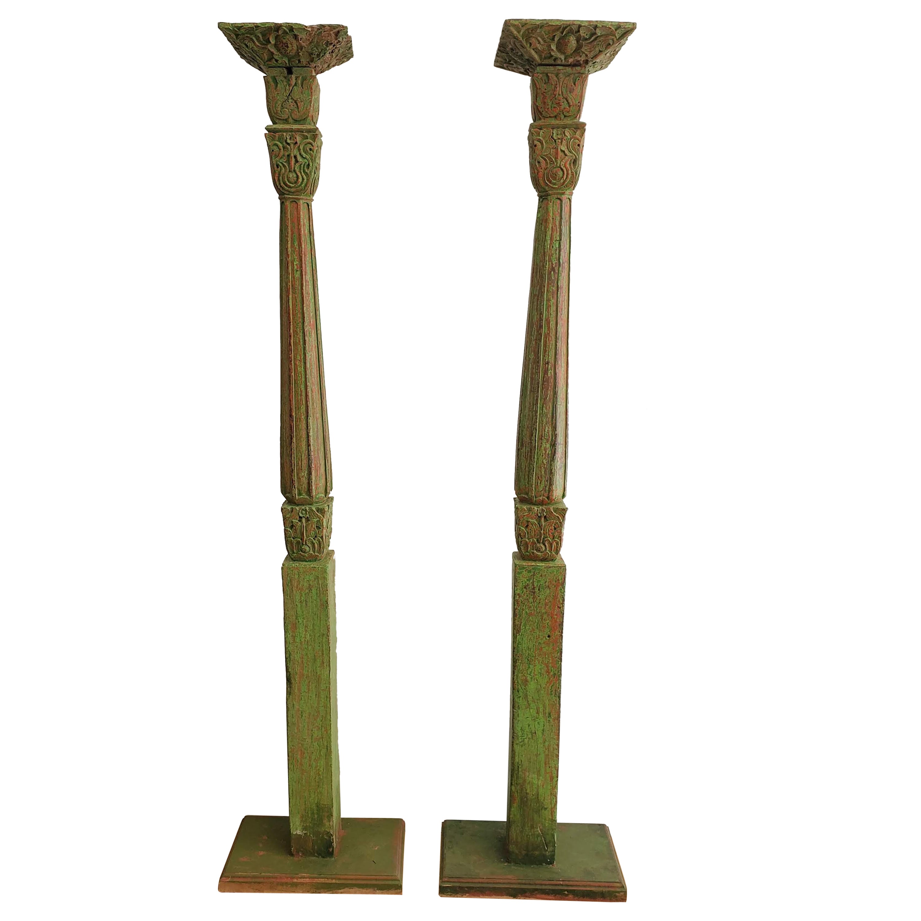 Pair of 19th Century Indonesian Carved Green and Red Painted Teak Columns For Sale