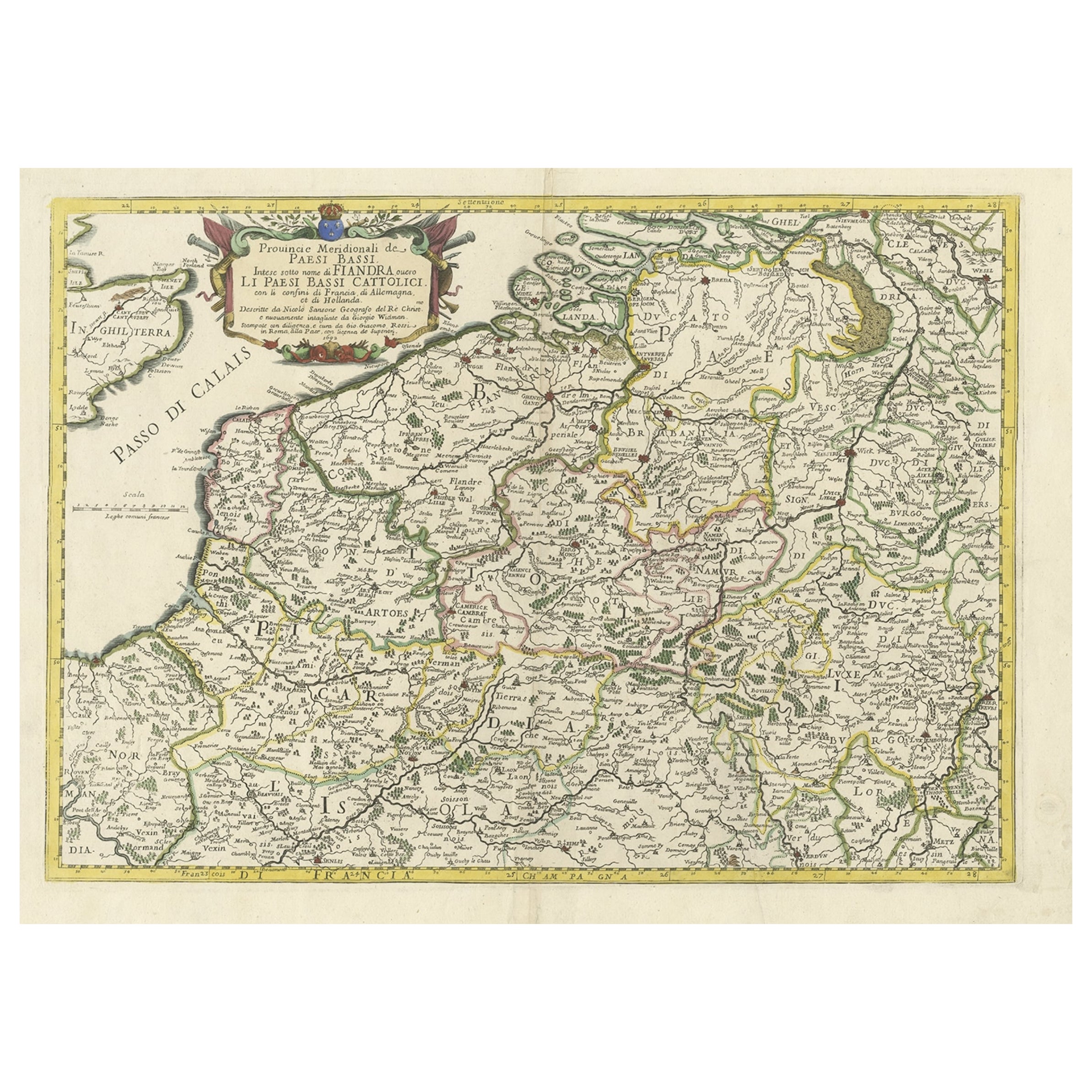 Antique Map of Belgium and Surroundings, 1692 For Sale