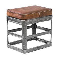 Vintage Metal Crate Stool with Leather Seat