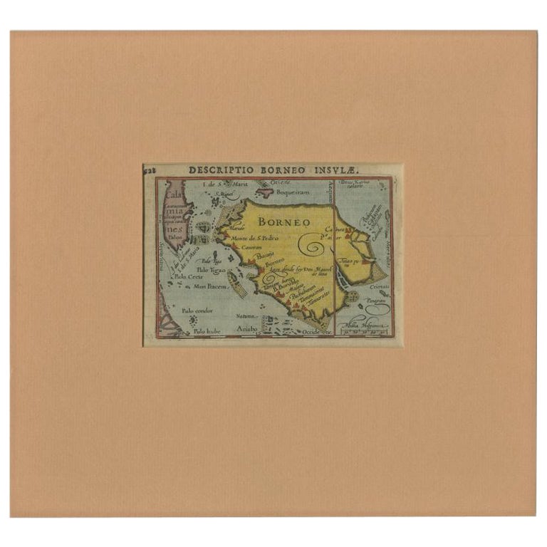 Antique Miniature Map of Borneo, incl Kalimantan, Indonesia, c.1610 For Sale