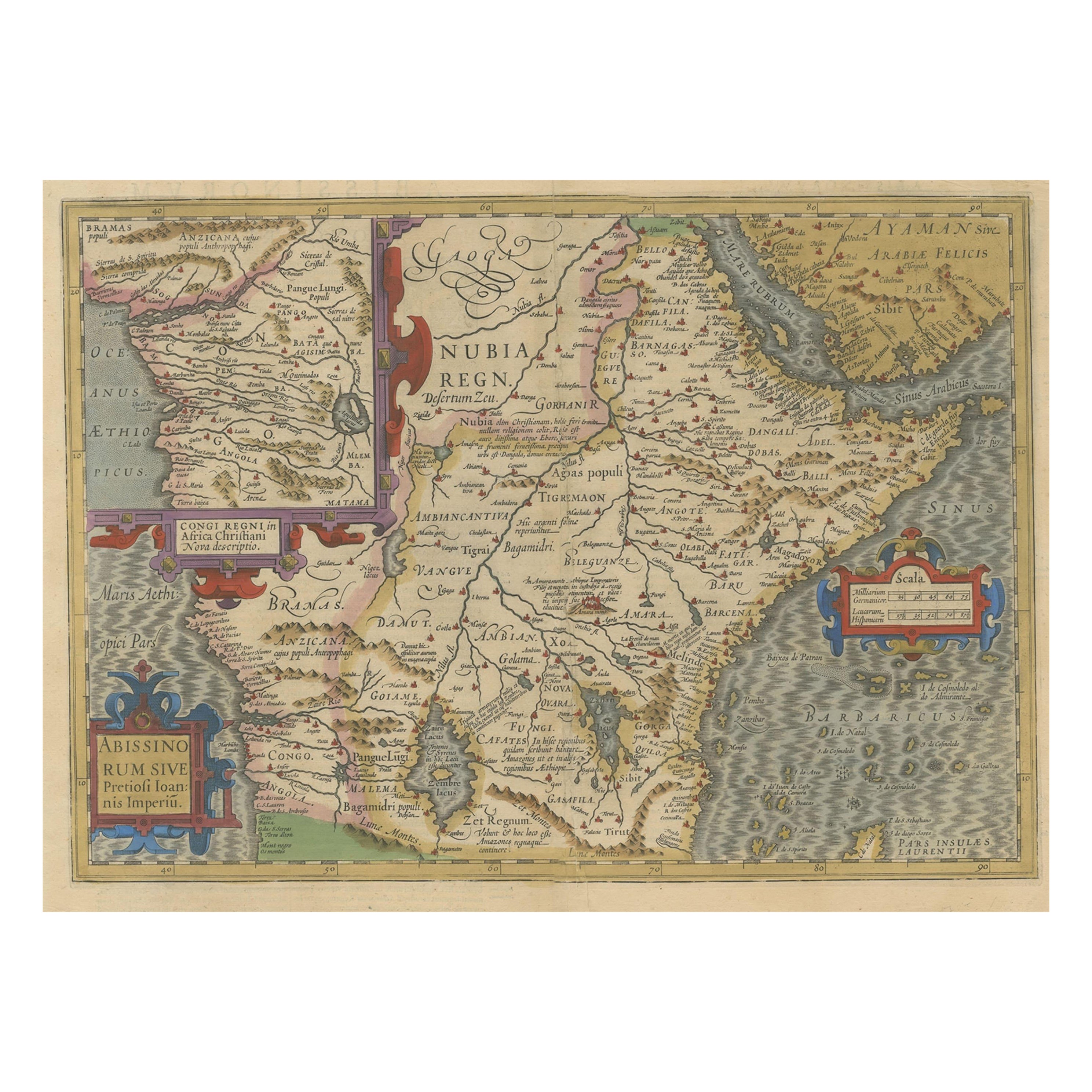Attractive Antique Map of East and Central Africa with Inset of Congo, 1609