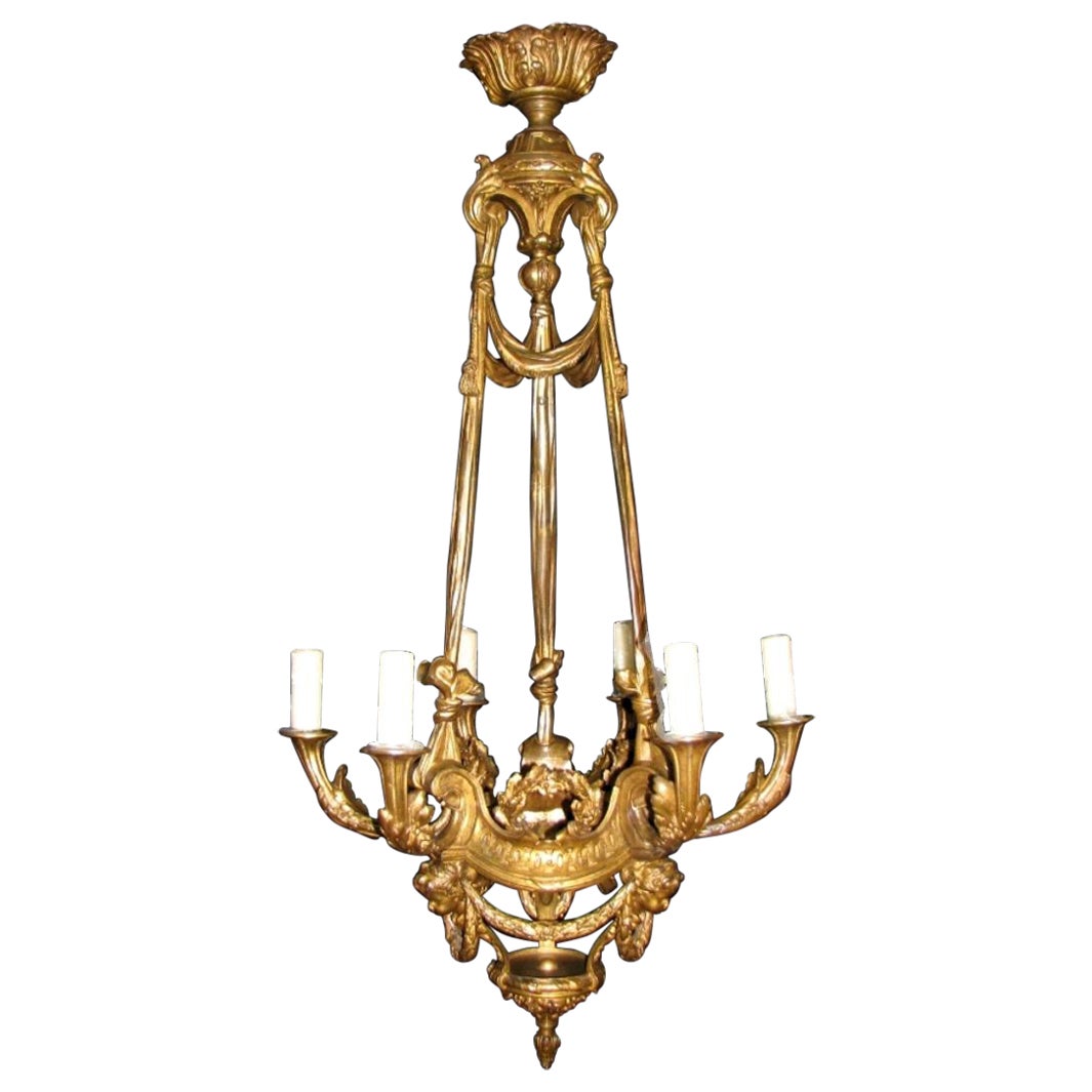 French Ormolu 6 Light Chandelier With Faces, 19 Century