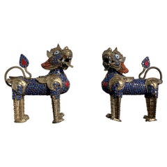 Pair Nepalese Brass and Colored Glass Winged Lions, Mid 20th Century, Nepal