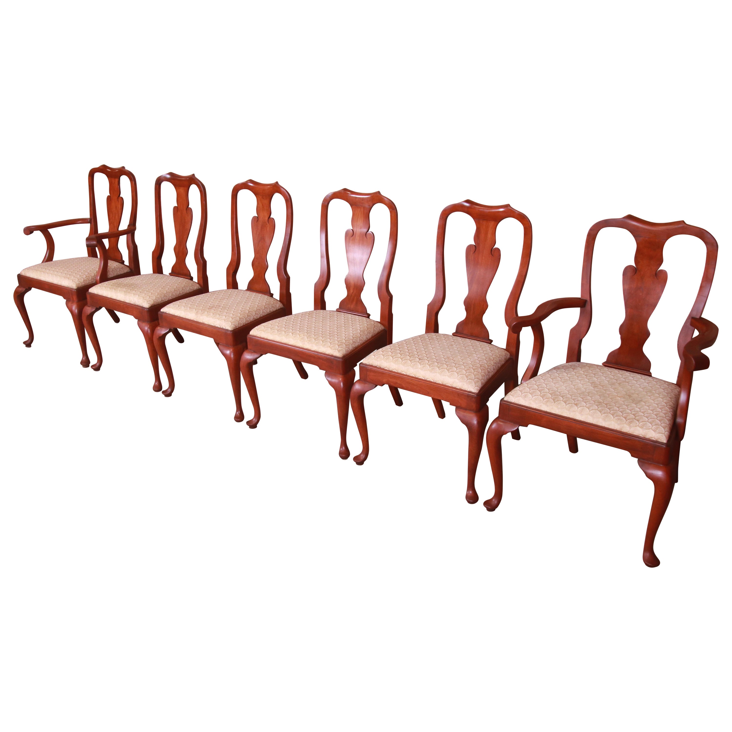 Henkel Harris Queen Anne Cherry Wood Fiddle Back Dining Chairs, Set of Six