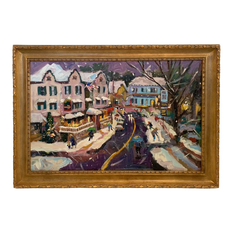 Marvelously Happy Holiday Scene Painting of Quaint Town For Sale