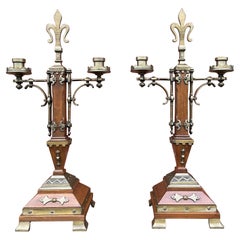Antique Pair of Nutwood & Bronze Gothic Revival Candlesticks / Table Candelabras