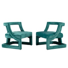 Pair of Post Modern Fully Upholstered Curved Accent Chairs