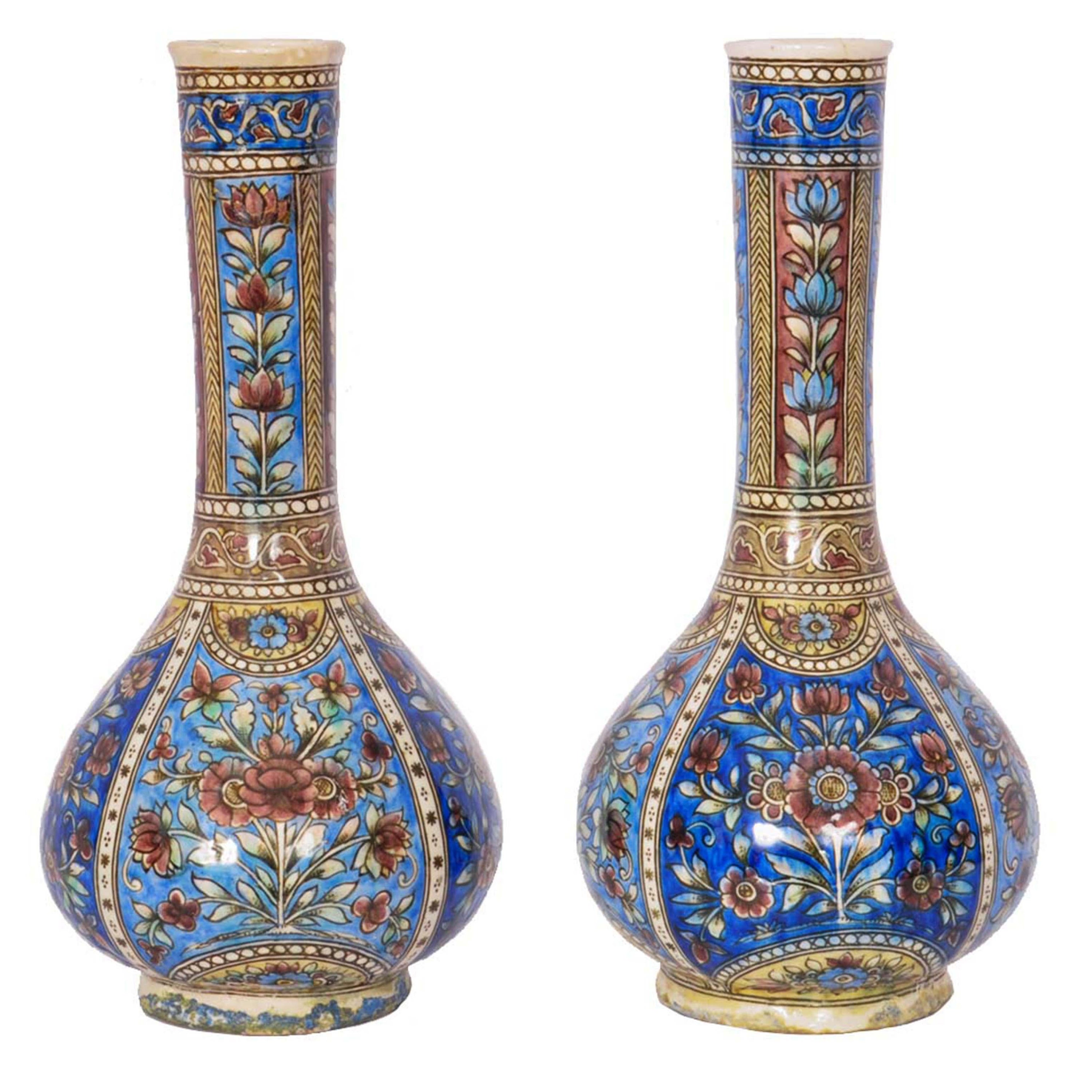 Pair 19th Century Antique Islamic Ottoman Iznik Kutahya Bottle Vases Turkey 1820 For Sale