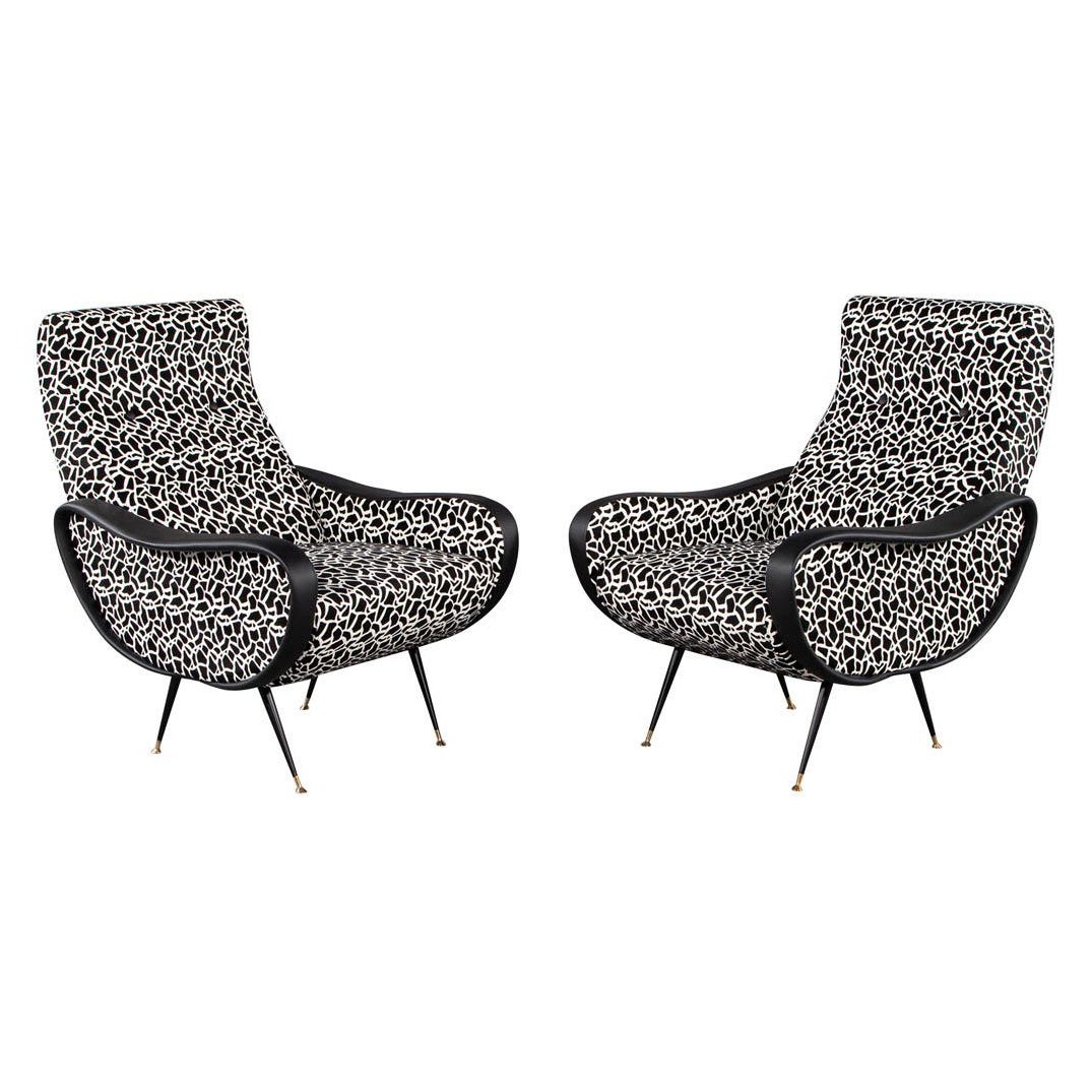 Pair of Zanuso Style Lounge Chairs in Black and White