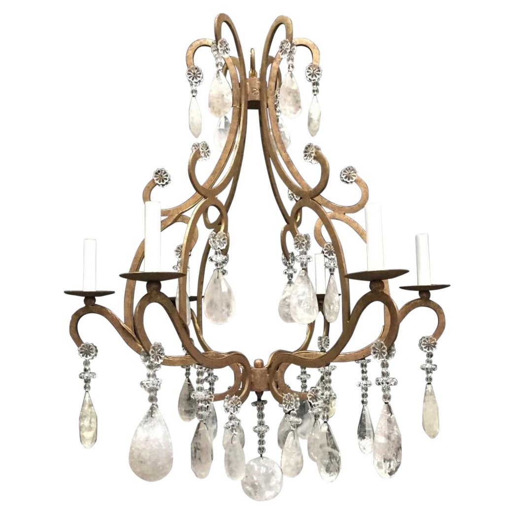 Gilt hand forged iron Rock Crystal 6 Light Chandelier  For Sale