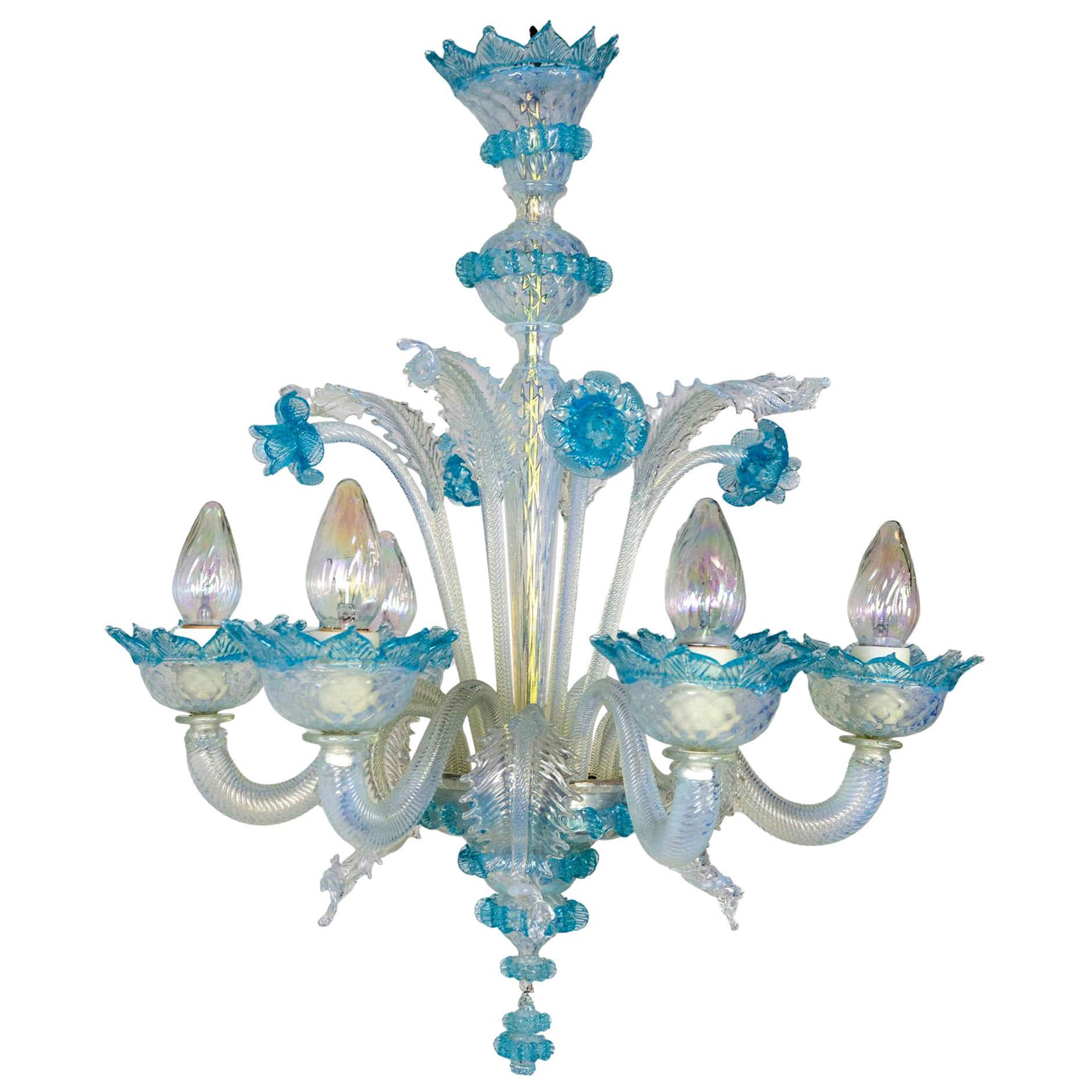 Light Blue & Iridescent White Murano 6-Light Daffodil Chandelier