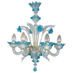 Light Blue & Iridescent White Murano 6-Light Daffodil Chandelier