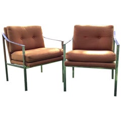 Mid Century Milo Baughman Style Chrome Armchairs Upholstered