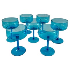 1960s Mid-Century Modern Empoli Italian Aqua Blue Wine Glasses, Set of Seven