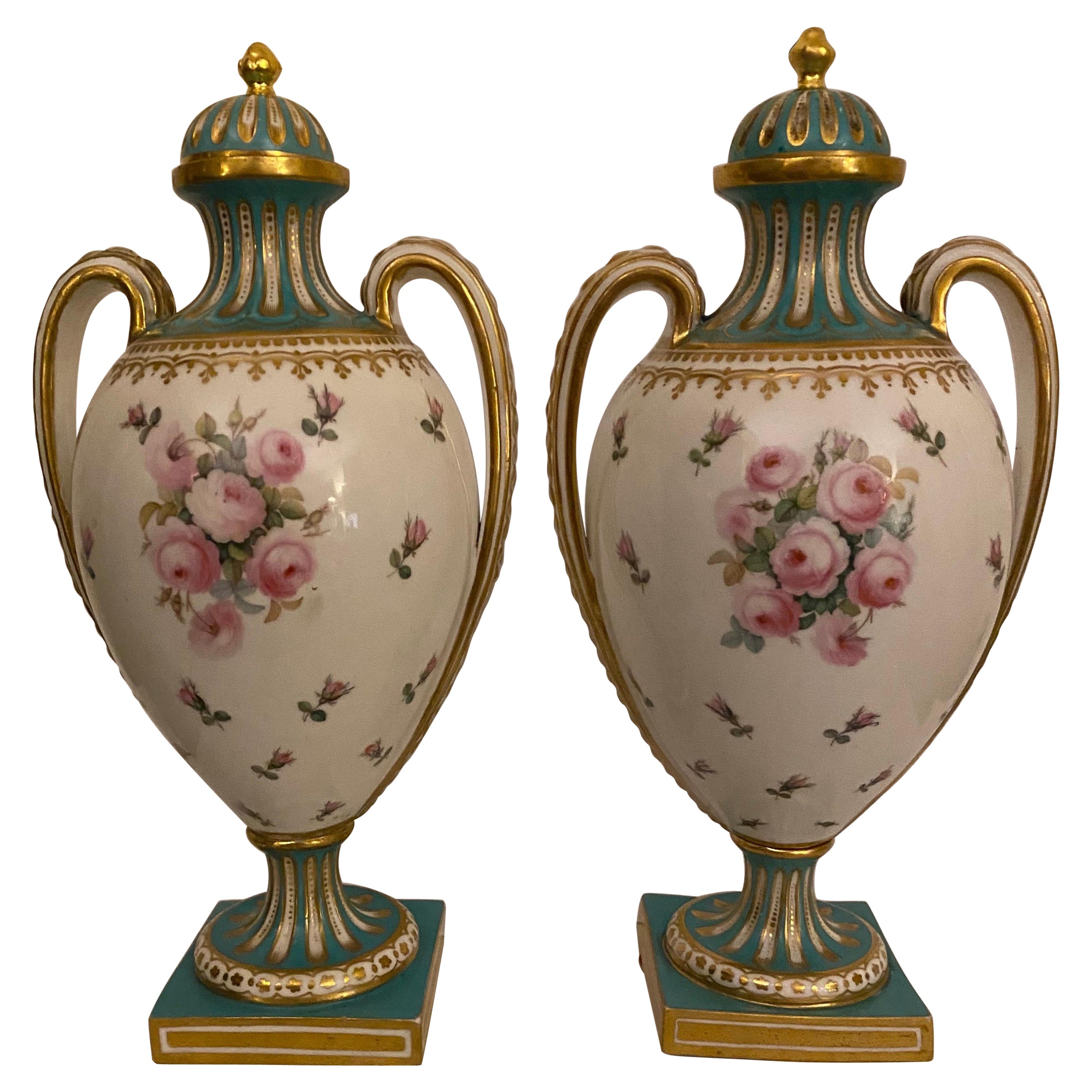 Pair of 19th Century English Porcelain Urns Attributed to Coalport, 1860's