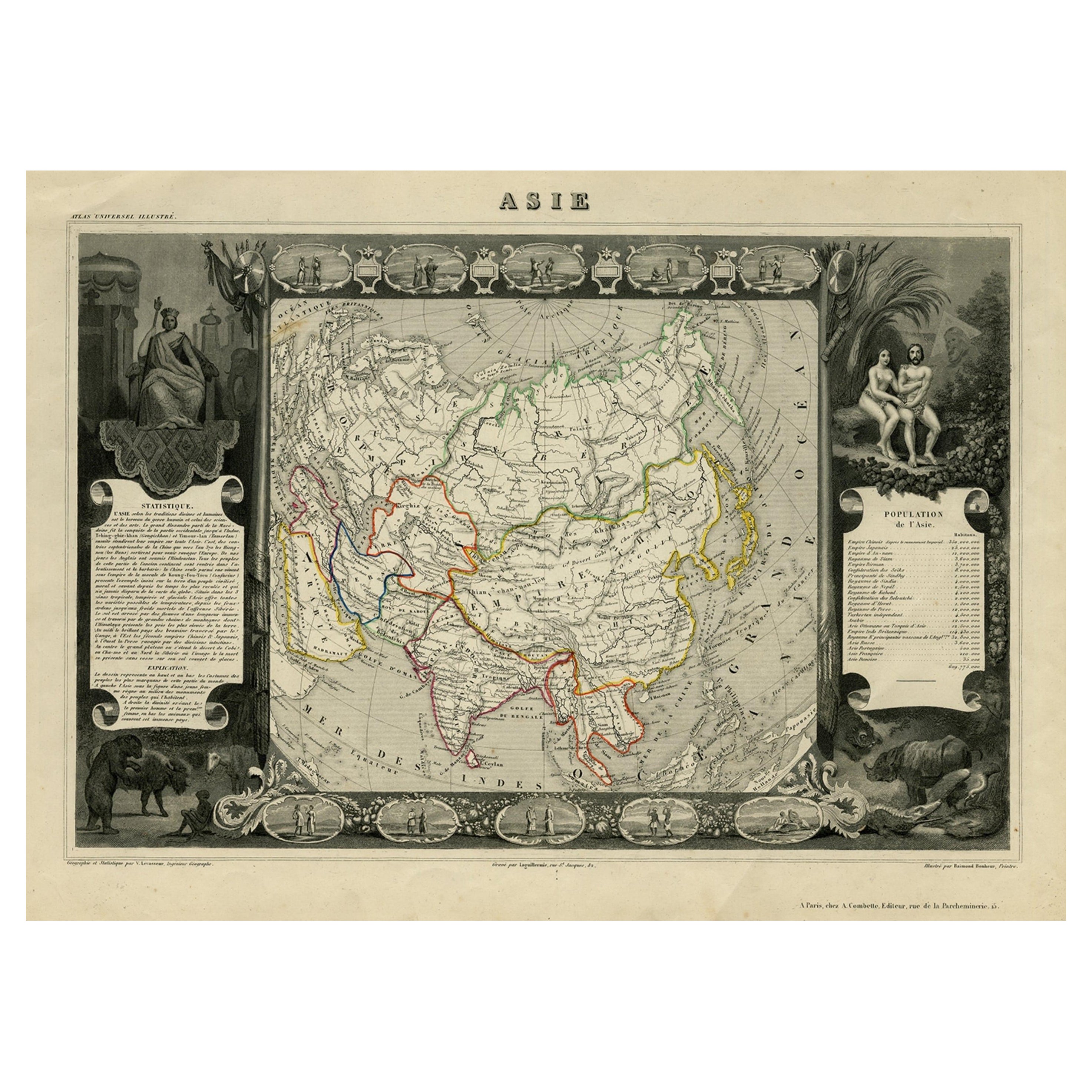 Nicely Decorated Antique Map of Asia, incl Population Figures, 1854 For Sale