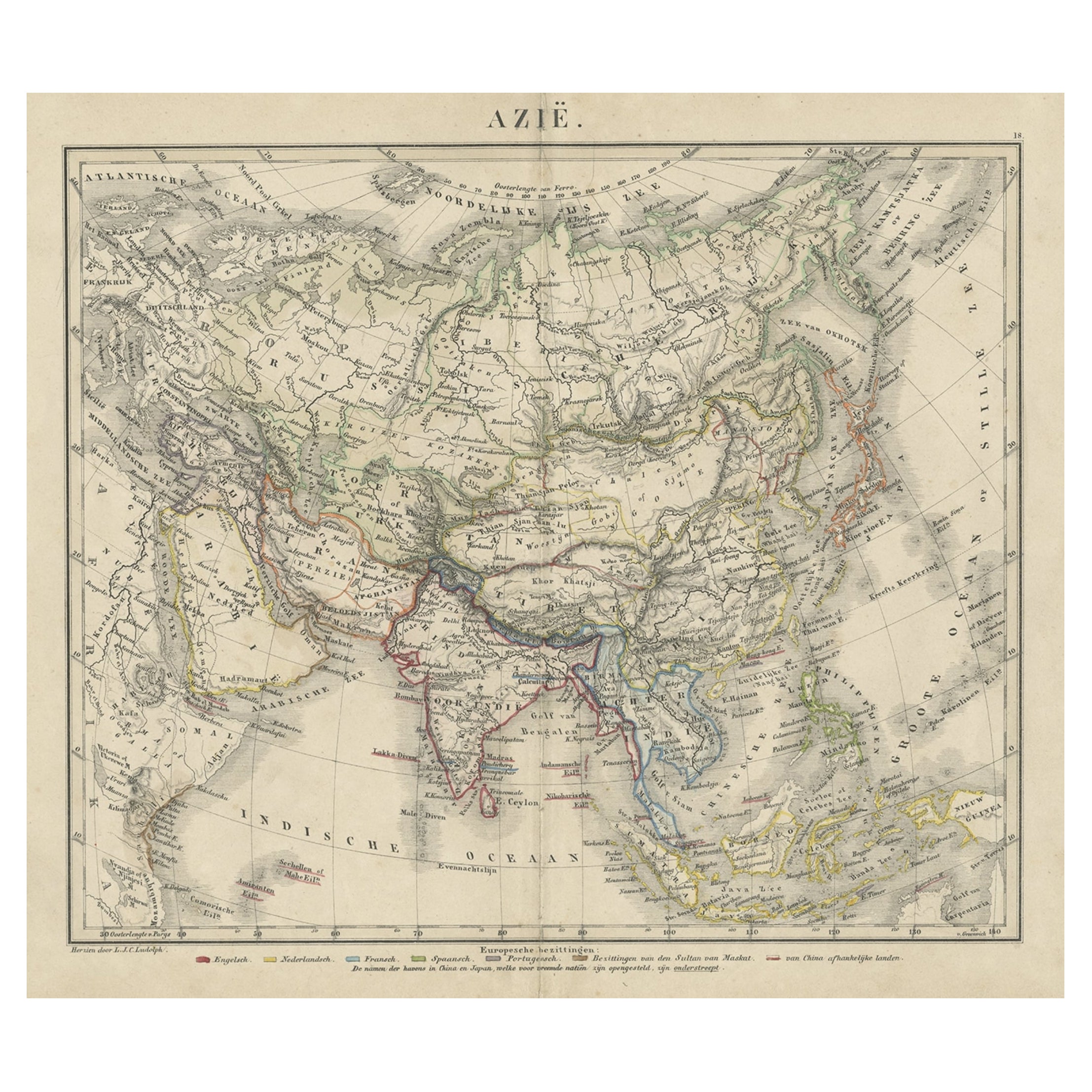 Antique Map of Asia Showing the European Language Areas, c.1873 For Sale