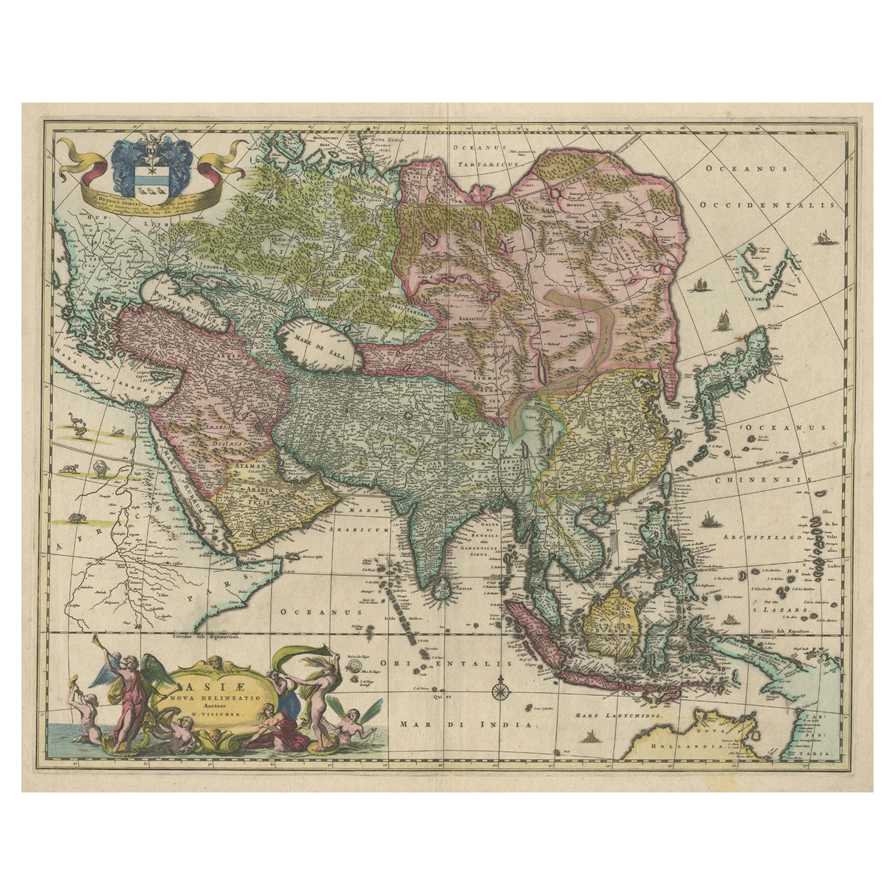 Antique Map of Asia and the East Indies and Korea as a Peninsula, ca.1660 For Sale