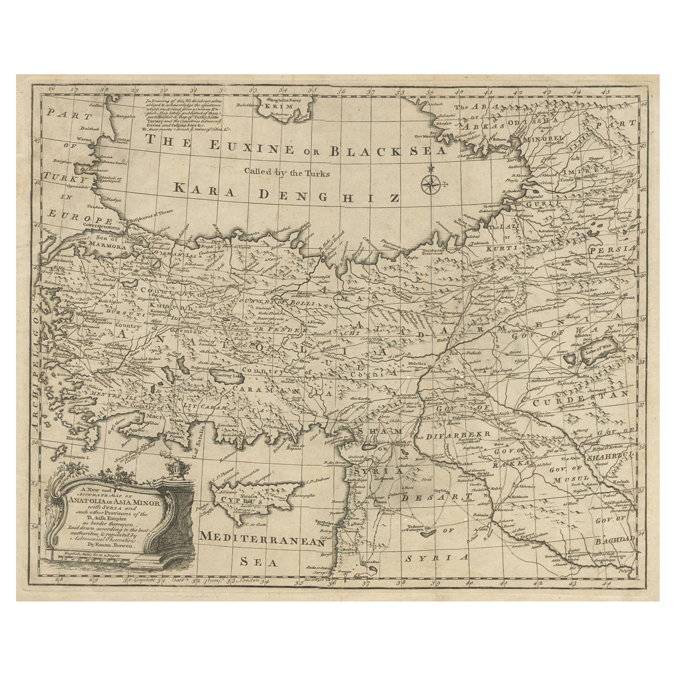 Carte ancienne d'Asie mineure avec Cyprus, Syrie et Turquie et la mer noire, 1747
