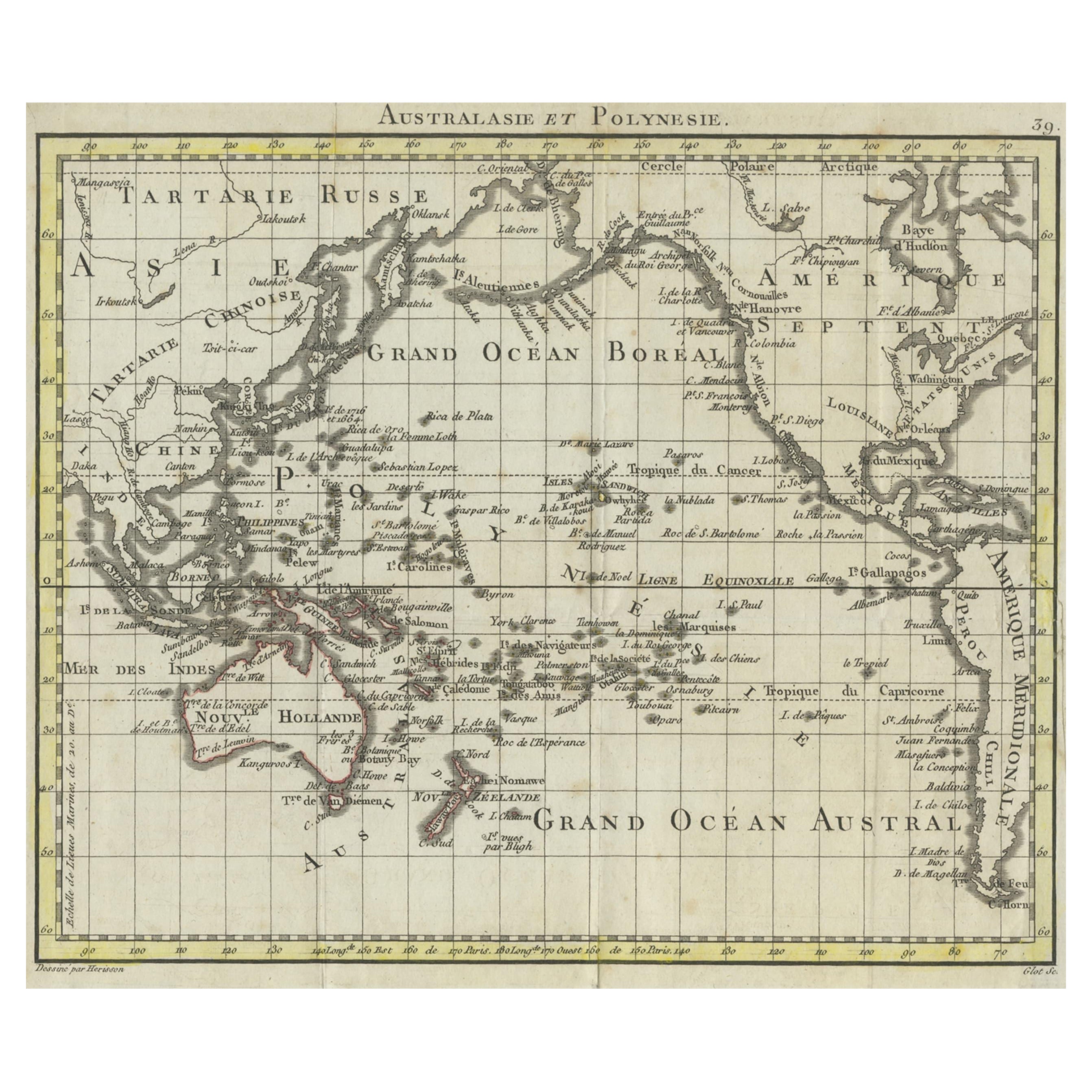Antike französische Karte des Pazifischen Ozeans mit Australien und Polynesia, 1806