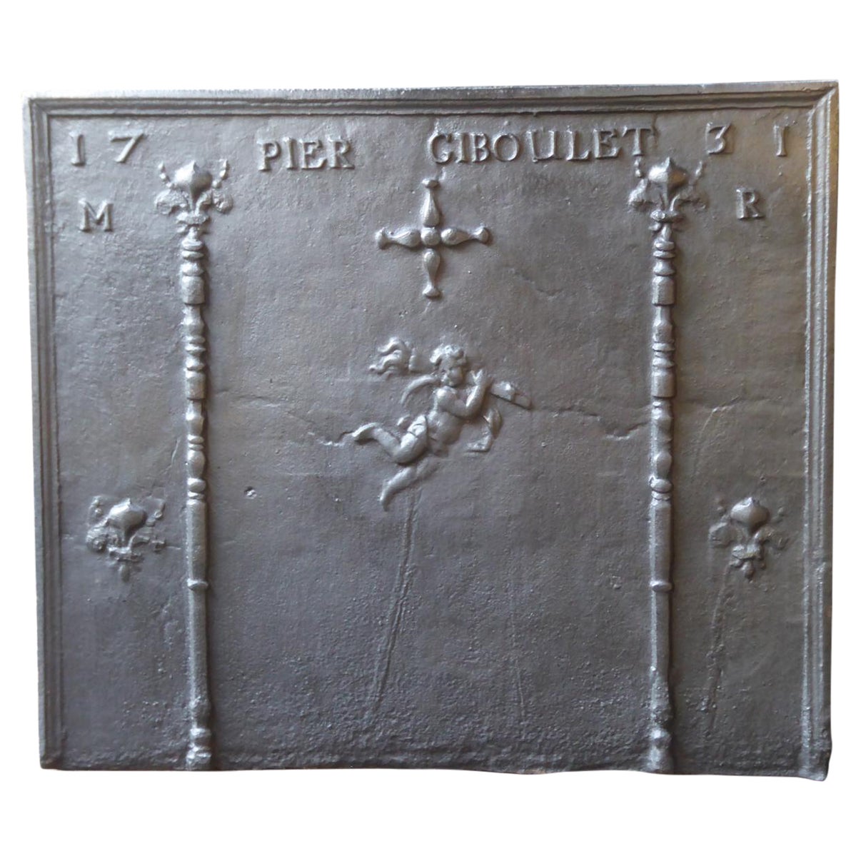 Grande plaque de cheminée française du 18ème siècle avec piliers et fleurs de lys