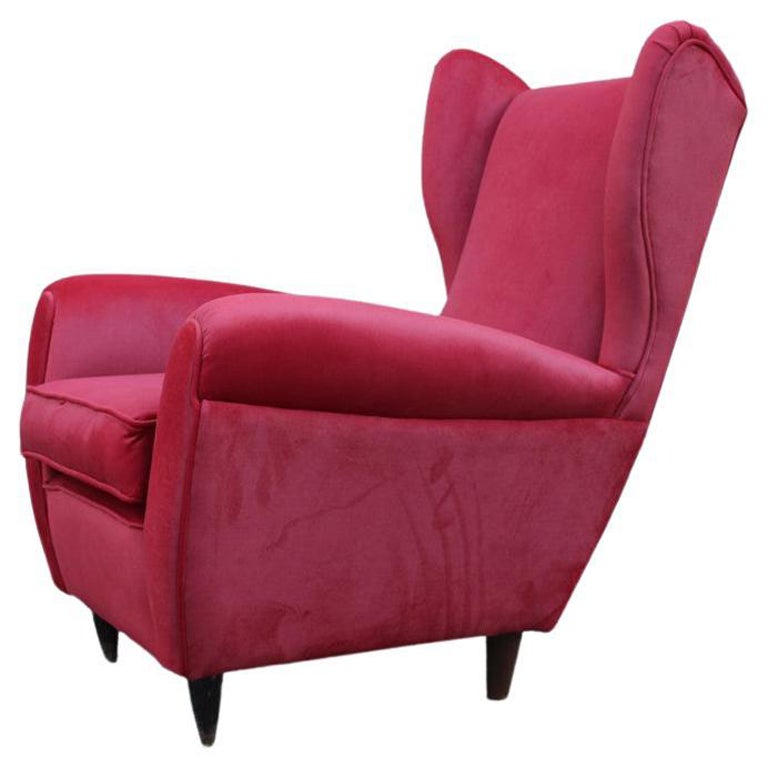 Paolo Buffa Mid Century Armchair Red Velvet High Back, 1950s For Sale