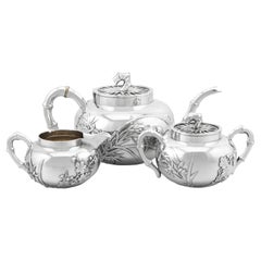 1800s Antique Chinese Export Silver Three Piece Tea Service