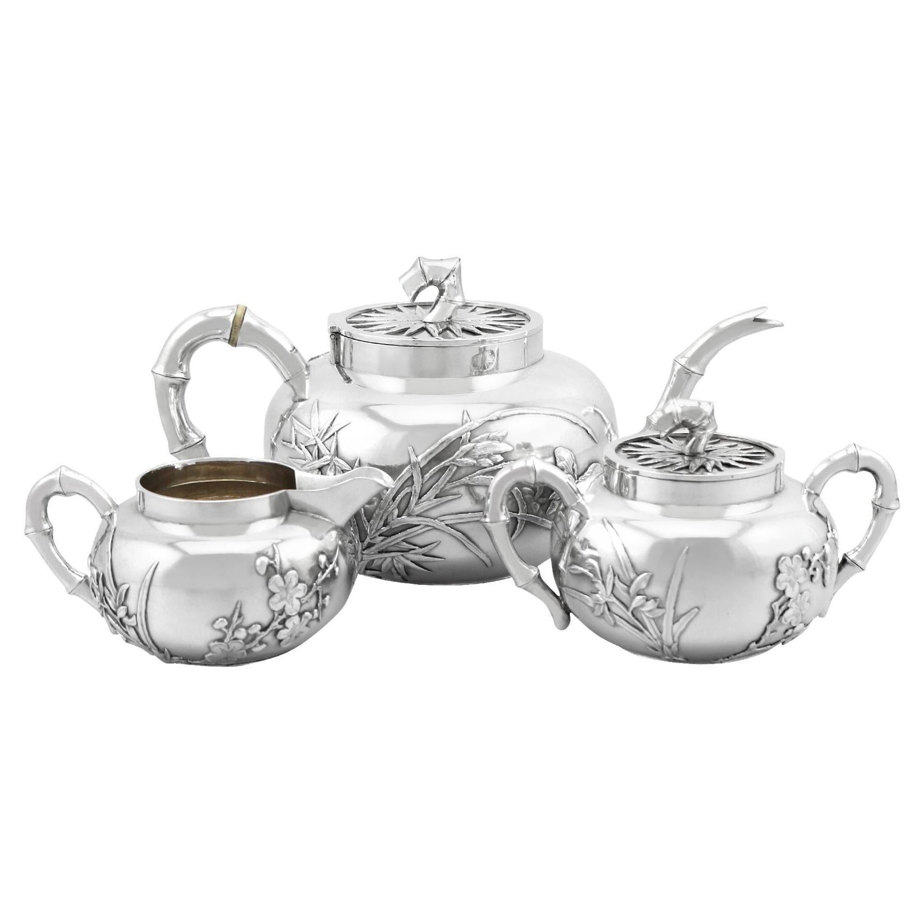 1800s, Antique Chinese Export Silver Three Piece Tea Service