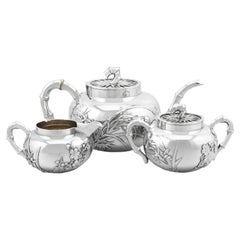 Antique 1800s Chinese Export Silver Three Piece Tea Service