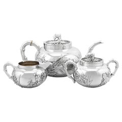 Antiguo Servicio de Té de Tres Piezas de Plata de Exportación China del Siglo XIX