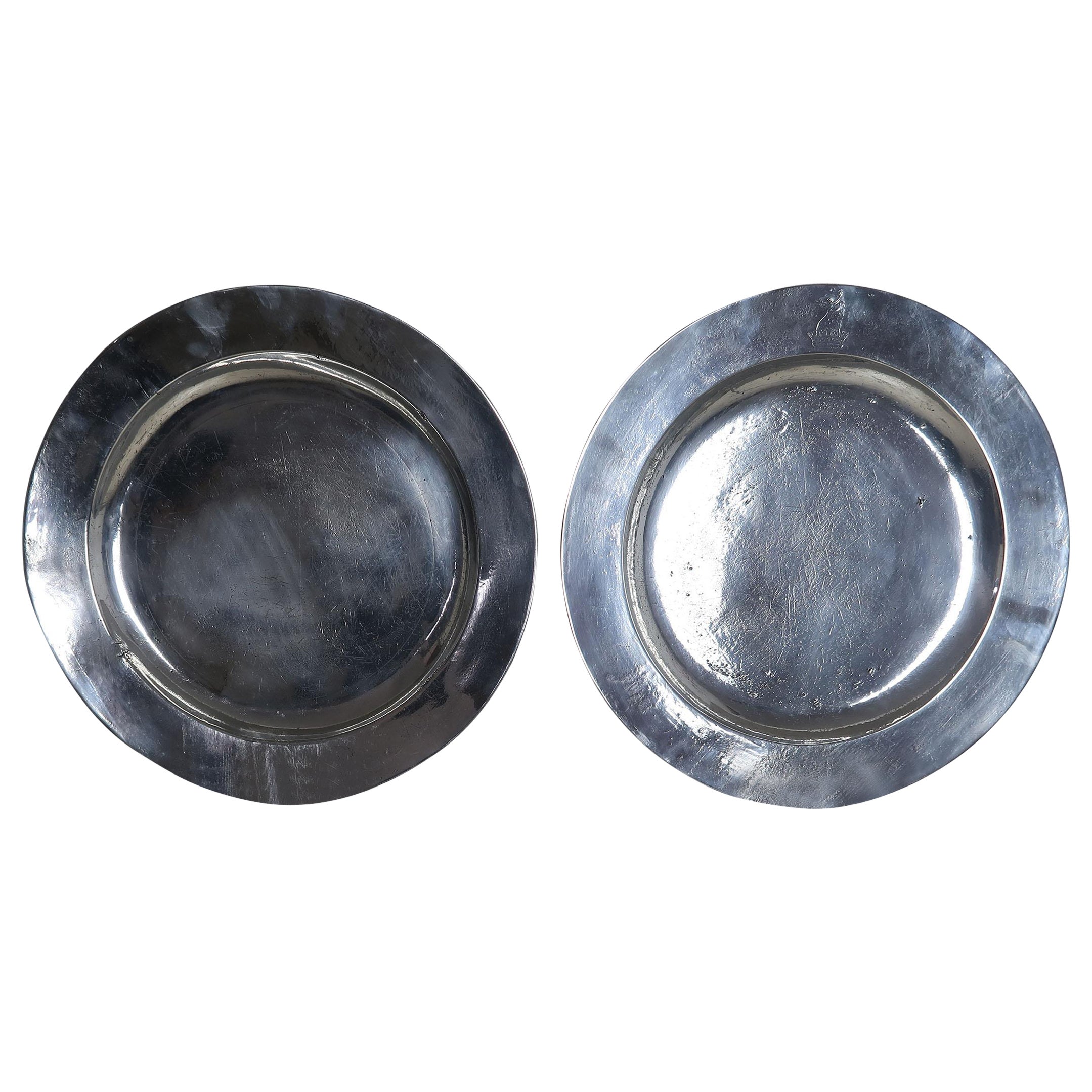 Large Pair of Antique Brightly Polished Pewter Chargers, English, 18th Century
