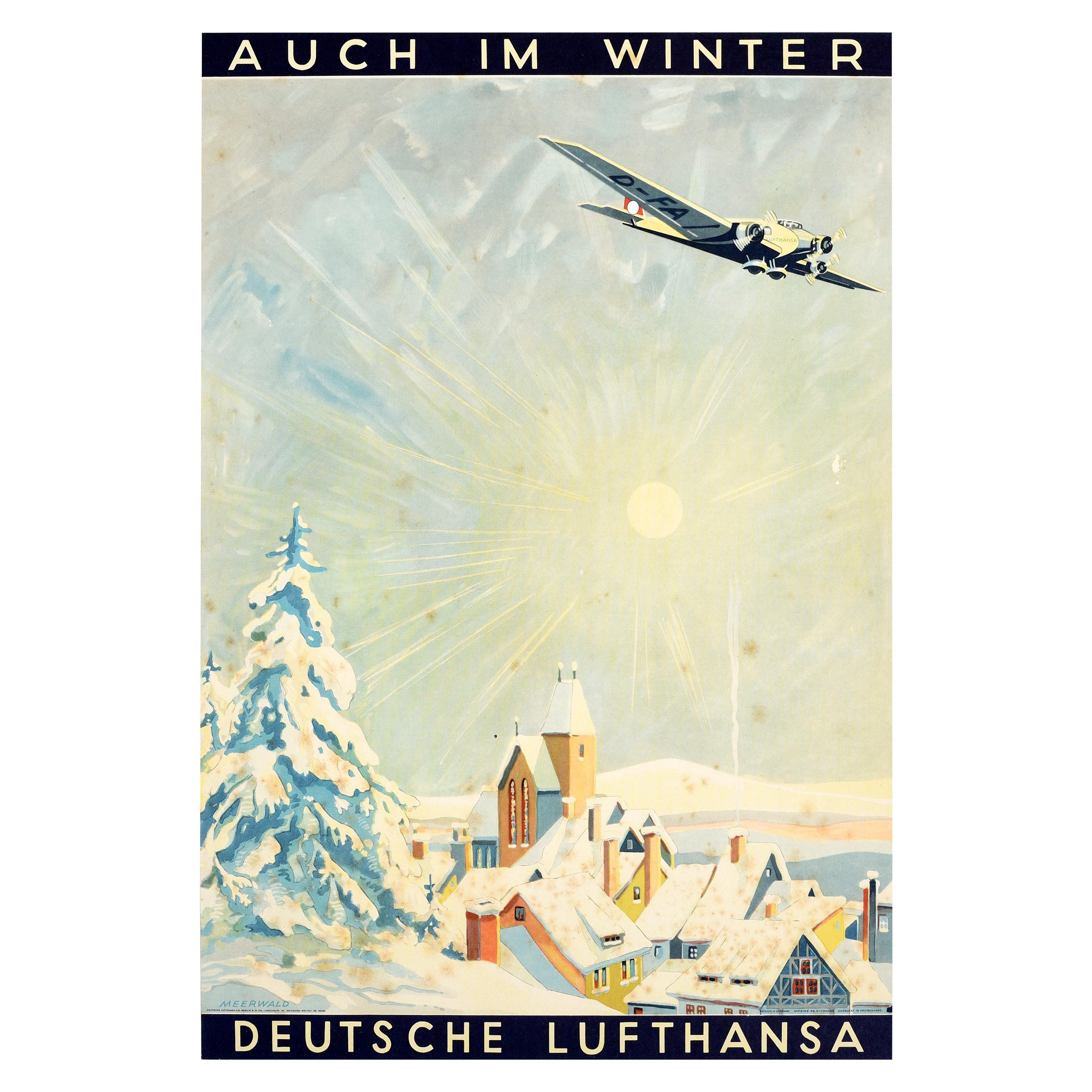Original Vintage Travel Poster Auch Im Winter Deutsche Lufthansa Also In Winter For Sale