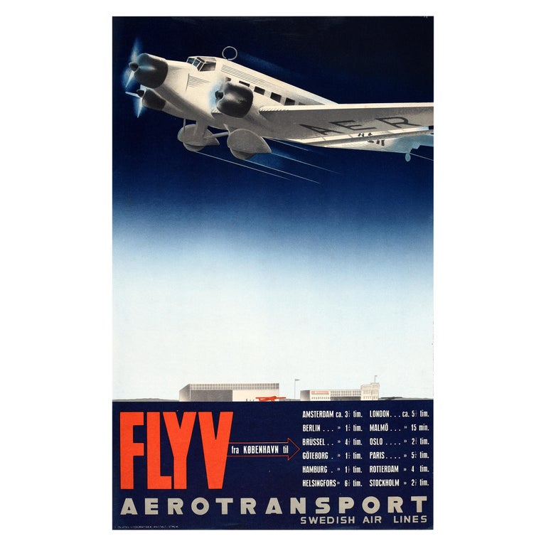 Original Vintage Poster Fly Aerotransport Swedish Air Lines Travel Europe Sweden For Sale