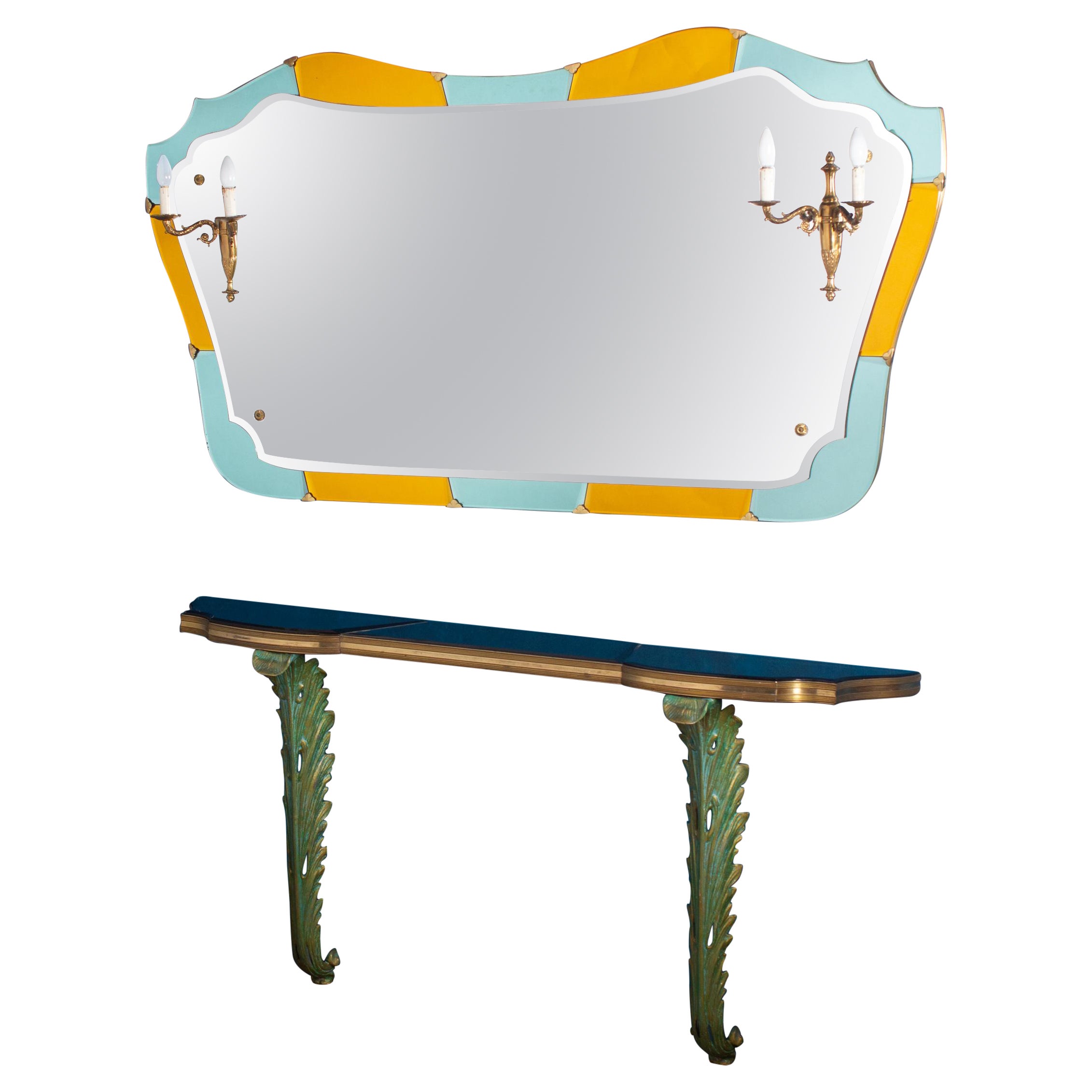 Stunning Midcentury Cristal Art Console Table with Mirror and Sconces, 1950