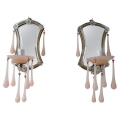 French Pink Opaline Drops Mirror Murano Glass Sconces circa 1920