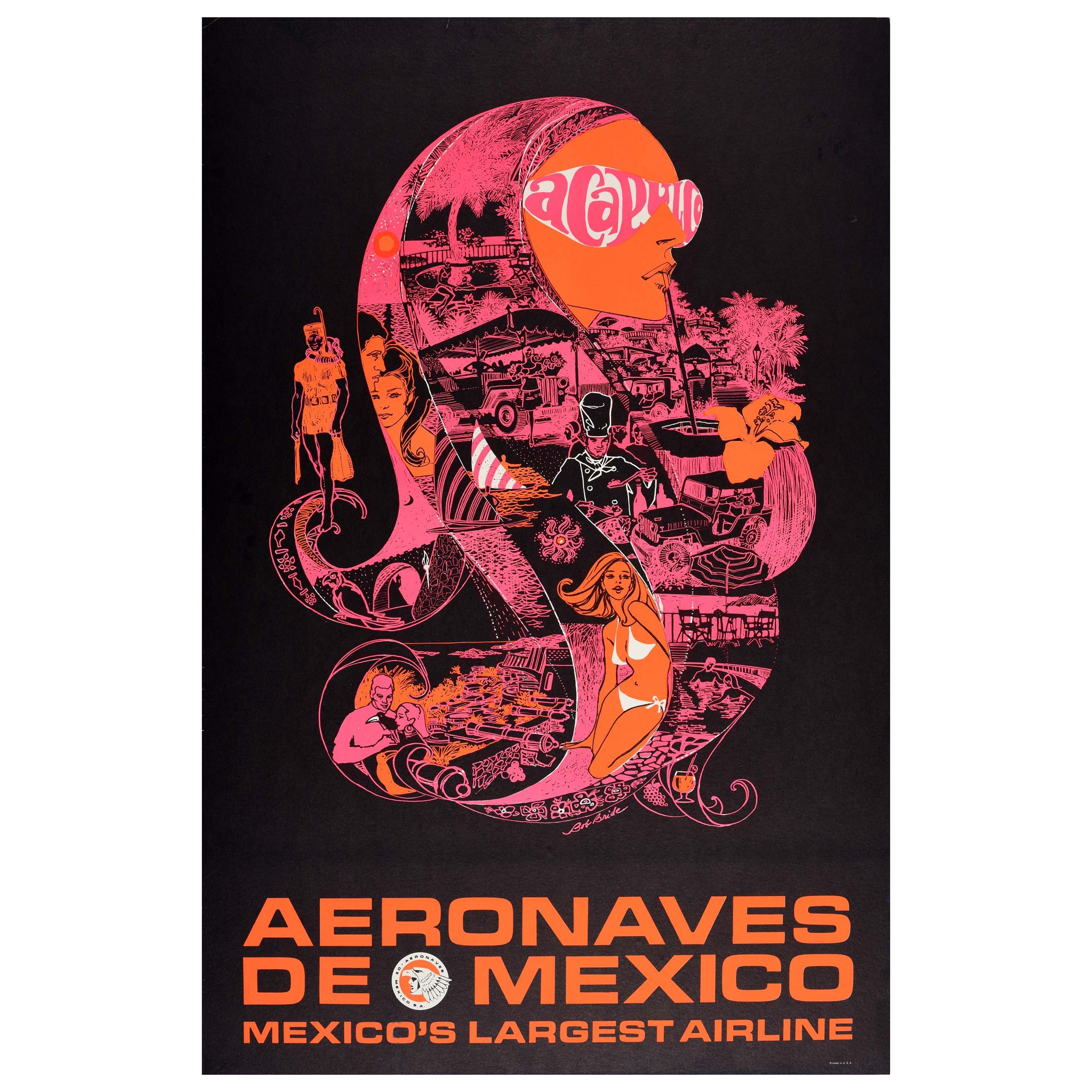 Original Vintage Airline Travel Poster Acapulco Aeronaves De Mexico Psychedelic