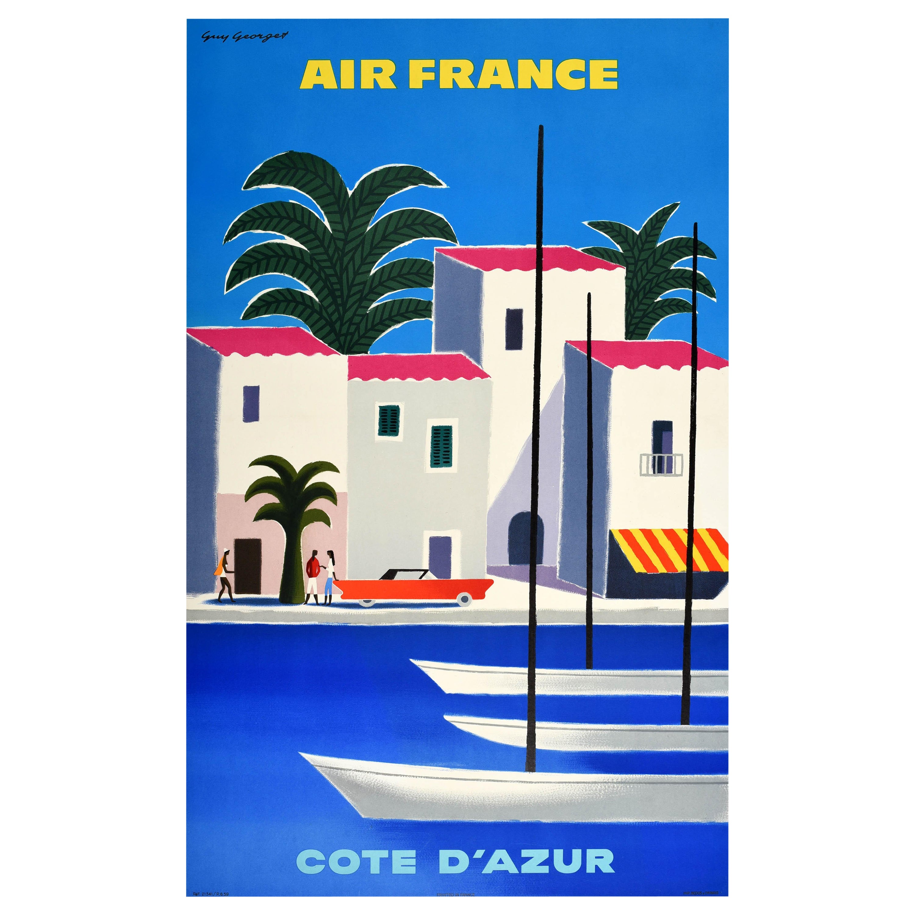 Original Vintage Travel Advertising Poster Air France Cote D'Azur French Riviera