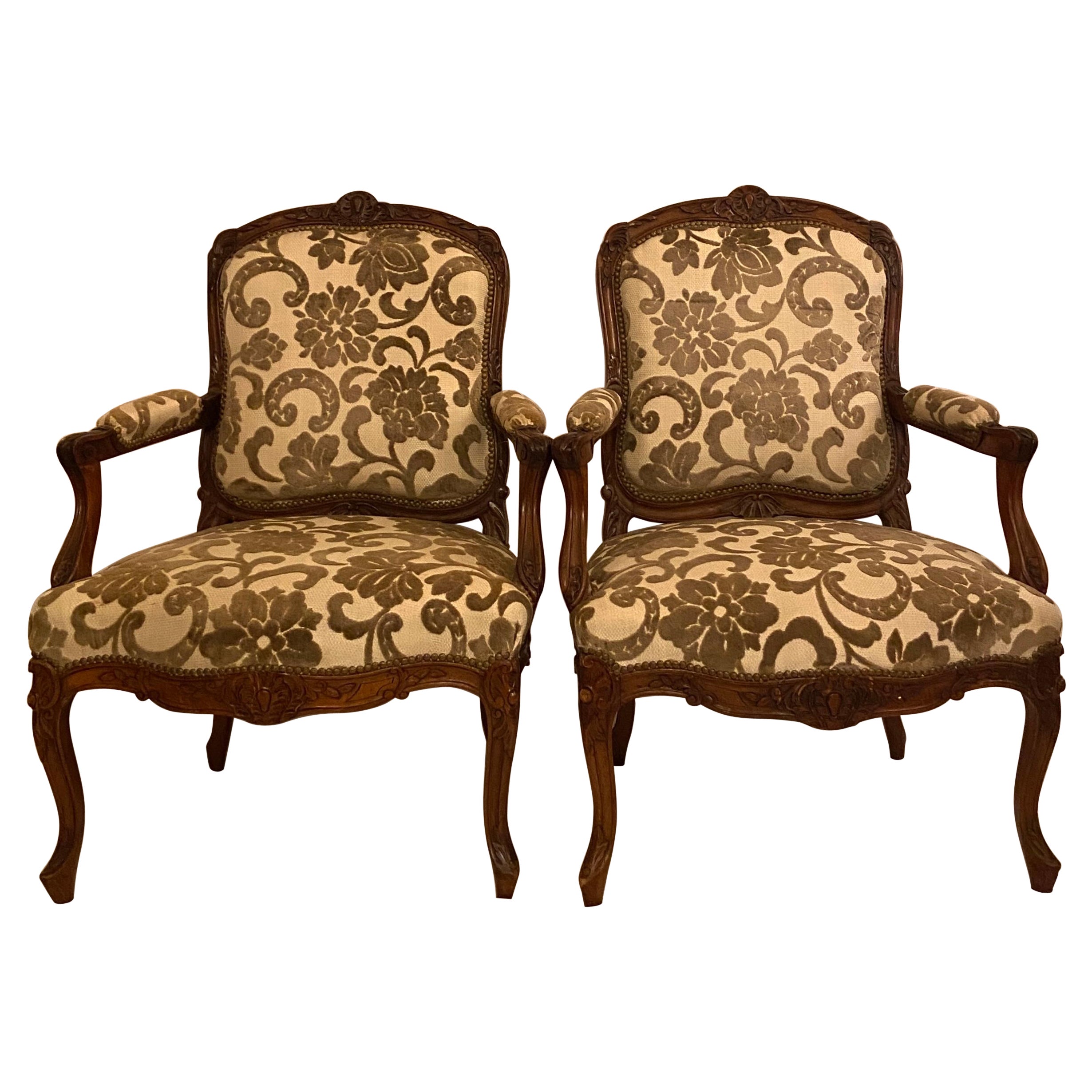 Pair of Antique French Carved Walnut Upholstered Armchairs, circa 1860