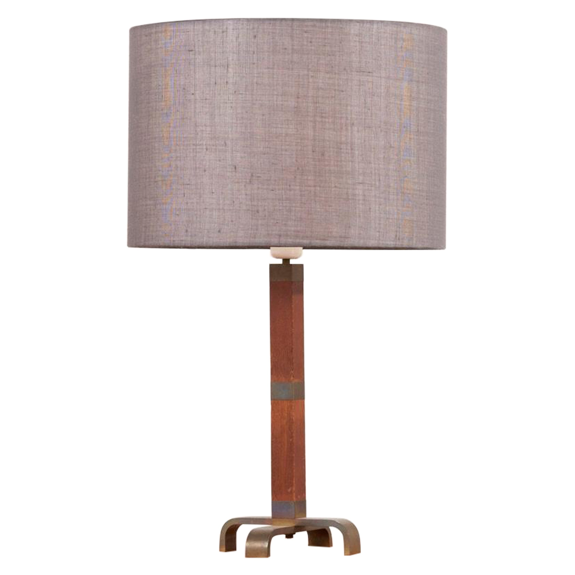 Table Lamp with Wooden Base and Grey Lampshade, 1950s