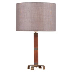Vintage Table Lamp with Wooden Base and Grey Lampshade, 1950s