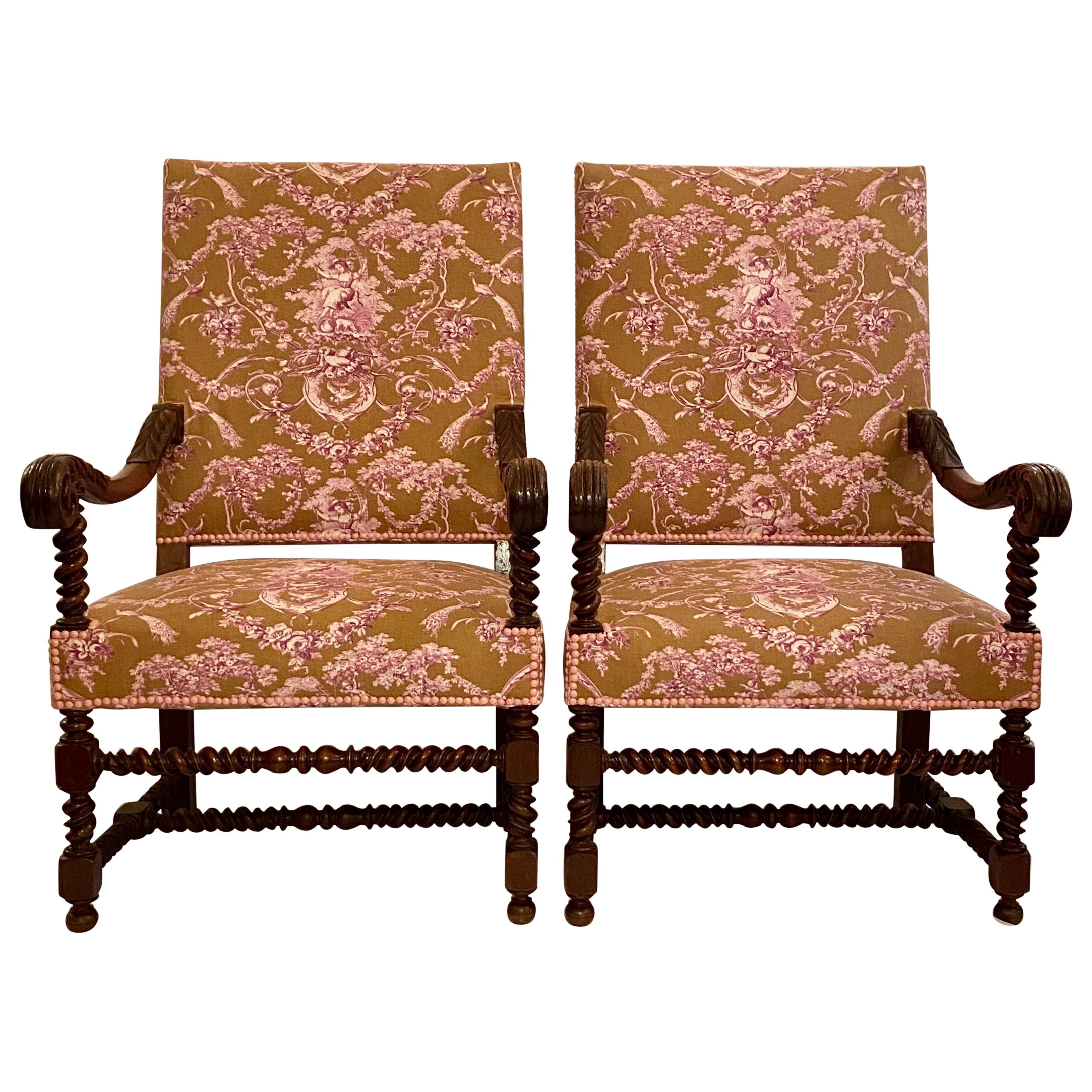 Pair Antique French Francois i Carved Walnut & Toile Armchairs, circa 1860 For Sale